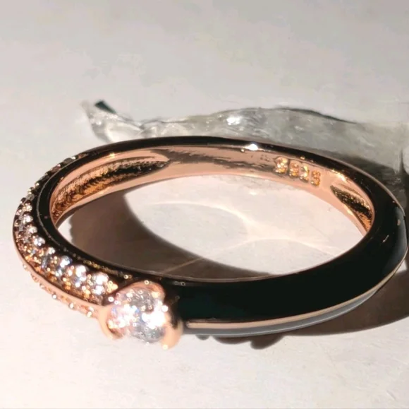 Women's 925 Sterling Silver Pavé BlackGolden Dual Cubic Zirconia Dainty Ring Sz6 - Picture 3 of 17